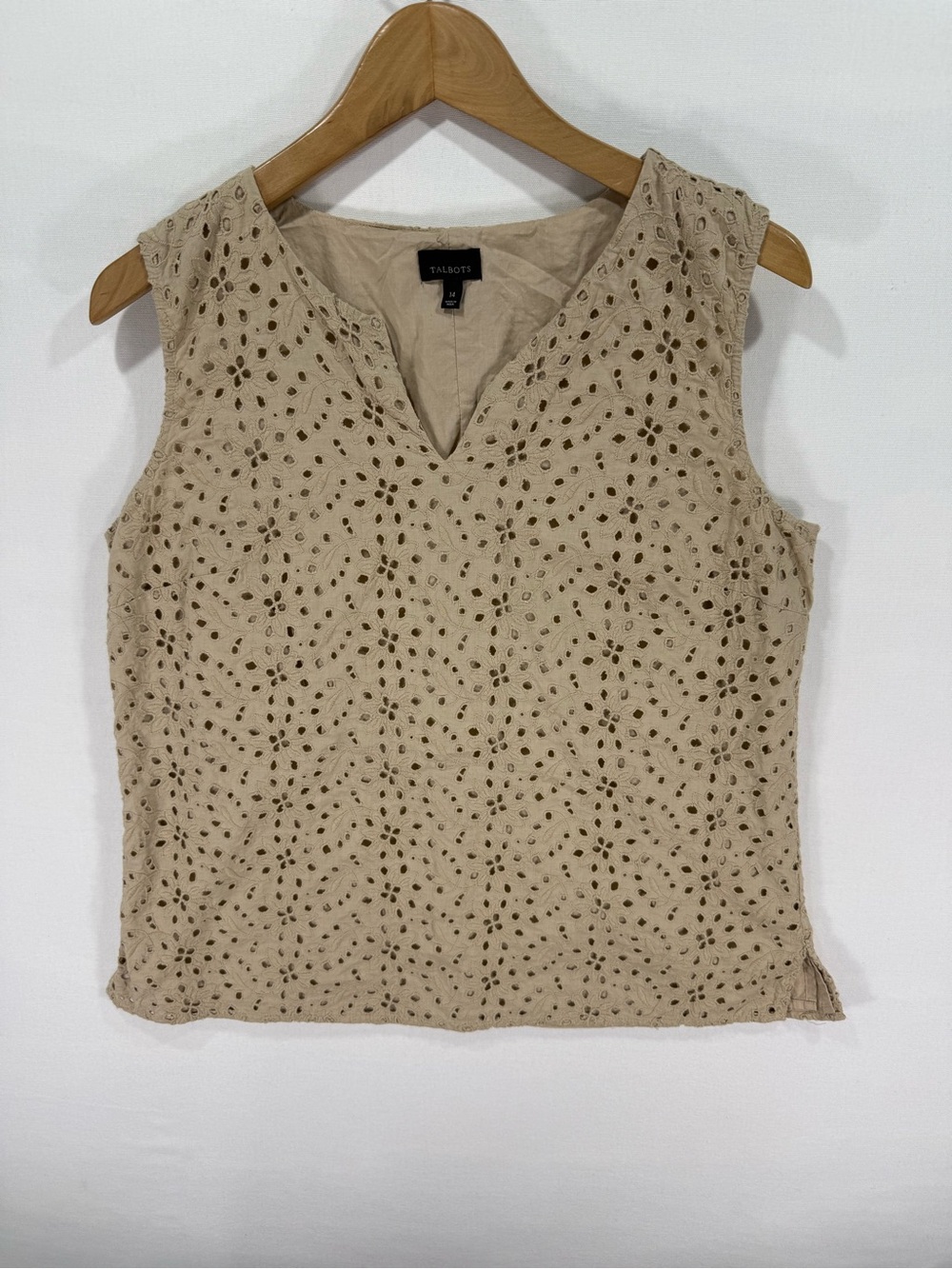 Talbots Floral Eyelet Sleeveless Top Cotton Tank Tan Size 14
